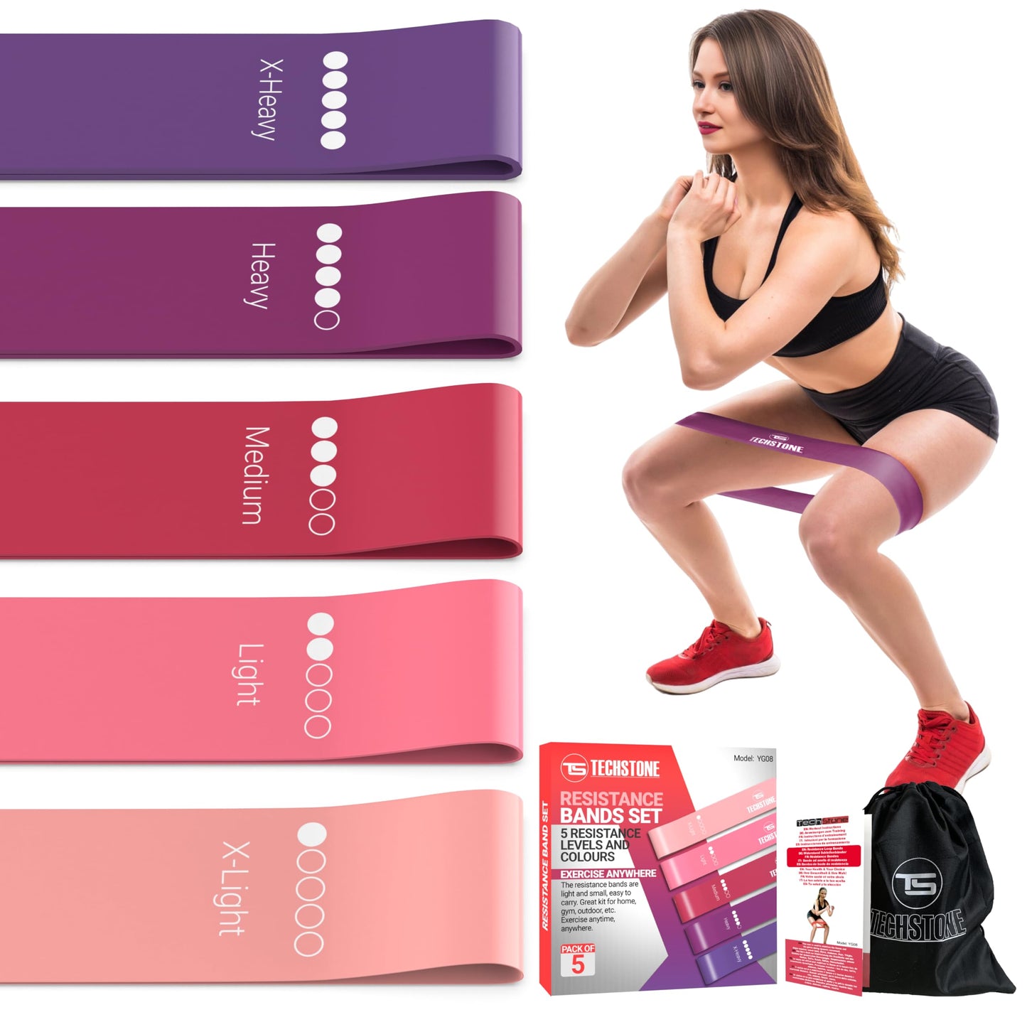 TechStone Resistance Bands Set for Men and Women, Pack of 5 Different Levels Elastic Band for Home Gym Long Exercise Workout – Great Fitness Equipment for Training, Yoga – Free Carrying Bag (Red)