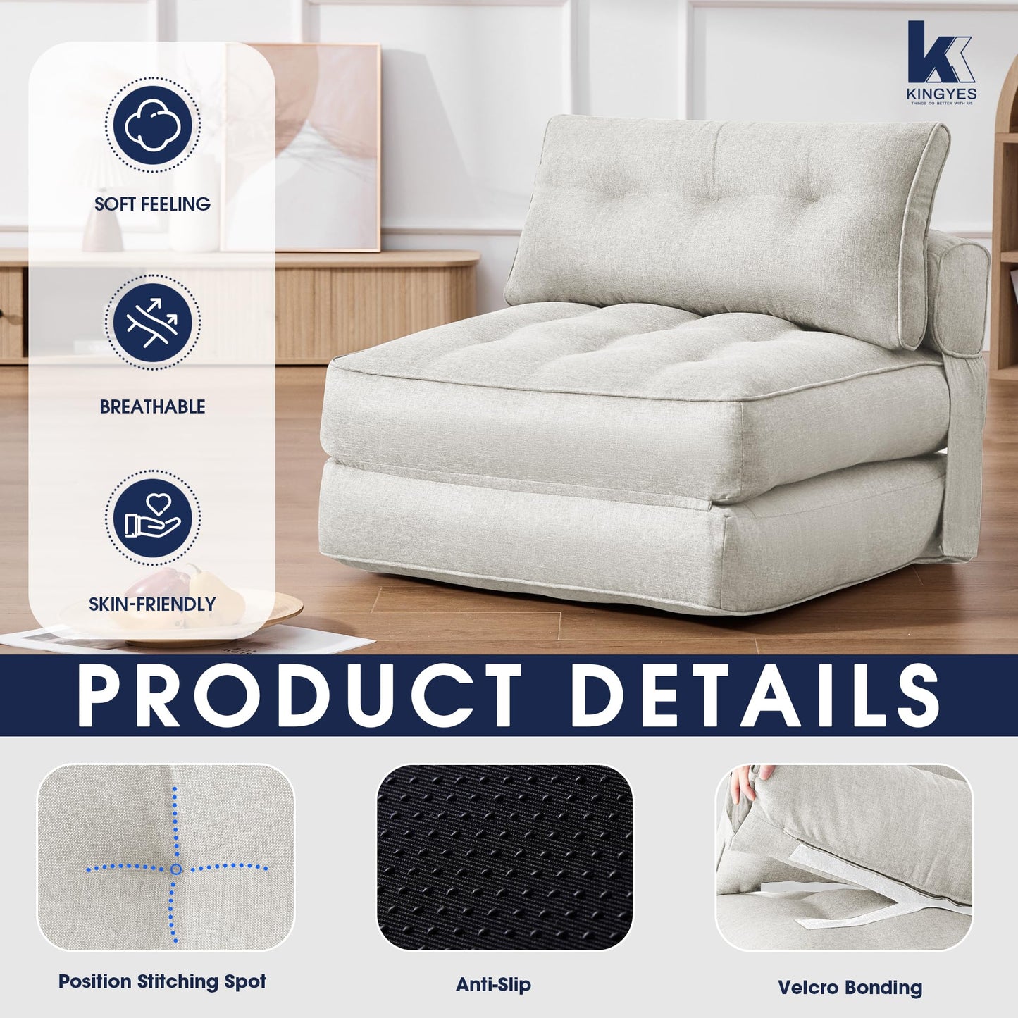 KINGYES Folding Sofa Bed, Convertible Sleeper Chair with Pillow for Adults, Foldable Single Futon Chair Floor Sofa Lounge for Living Room, Beige