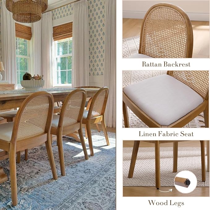 HEAH-YO Rattan Dining Chairs Set of 6, Upholstered Linen Dining Room Chairs with Backrests, Modern Kitchen Chairs with Wood Legs for Dining Room, Beige