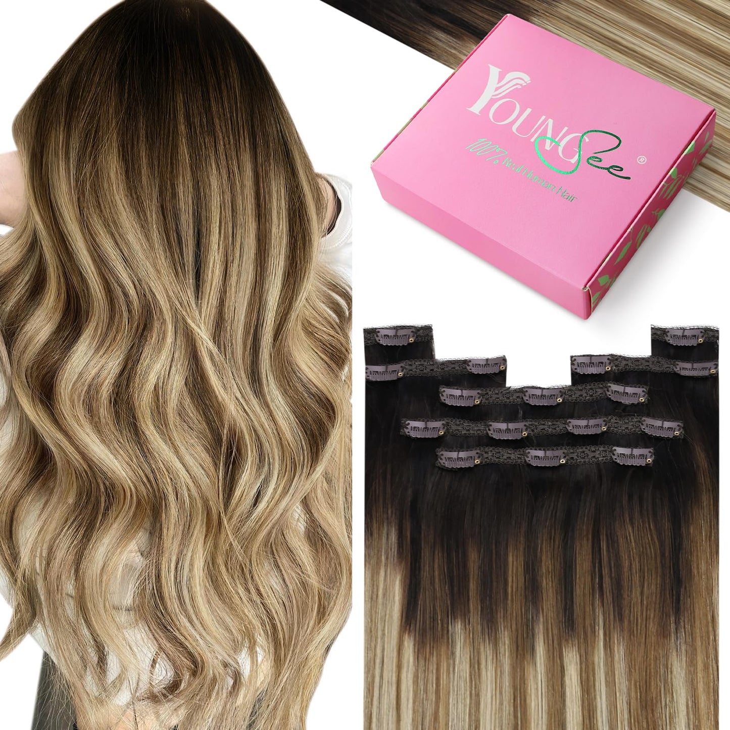 YoungSee Clip in Human Hair Extensions Balayage Clip on Hair Extensions Darkest Brown to Blonde with Brown Balayage Clip in Exte