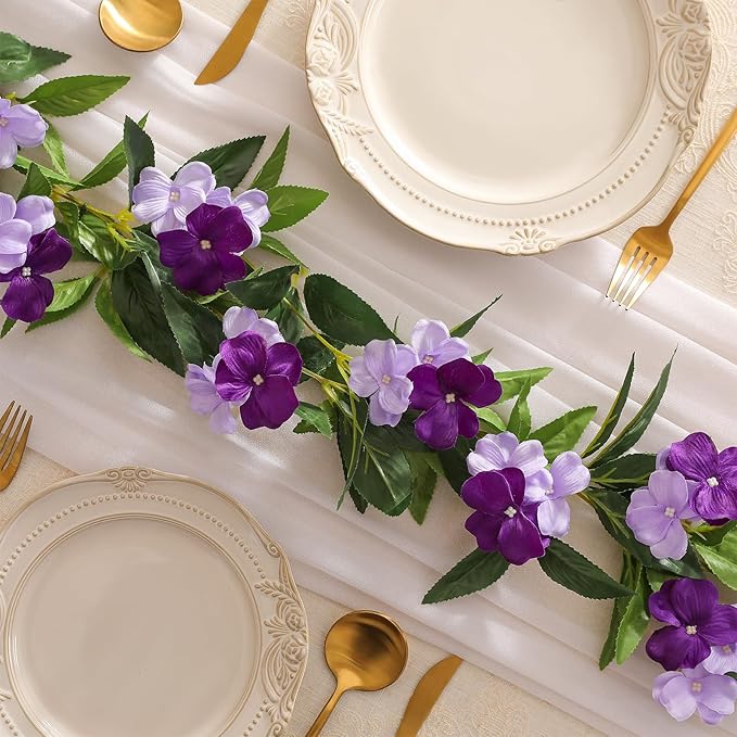 Floweroyal 2 Pack Artificial Flower Garlands 15.8FT Fake Impatiens Vines Silk Flowers Hanging Impatien Ivy for Wedding Arch Party Home Garden Wall Decor (Purple)