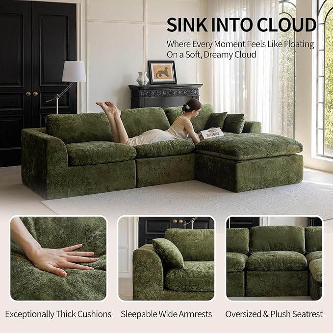 88''Cloud Sectional Couch, Modern L-Shape Sofa, Oversized Convertible 2 Seater Modular Couches for Living Room, Forest Green
