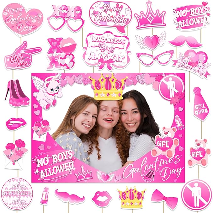Happy Galentines Day Photo Booth Props Kit, Galentines Day Photo Prop Frame&24 PCS Selfie Photo Booth Accessories with “Ha...