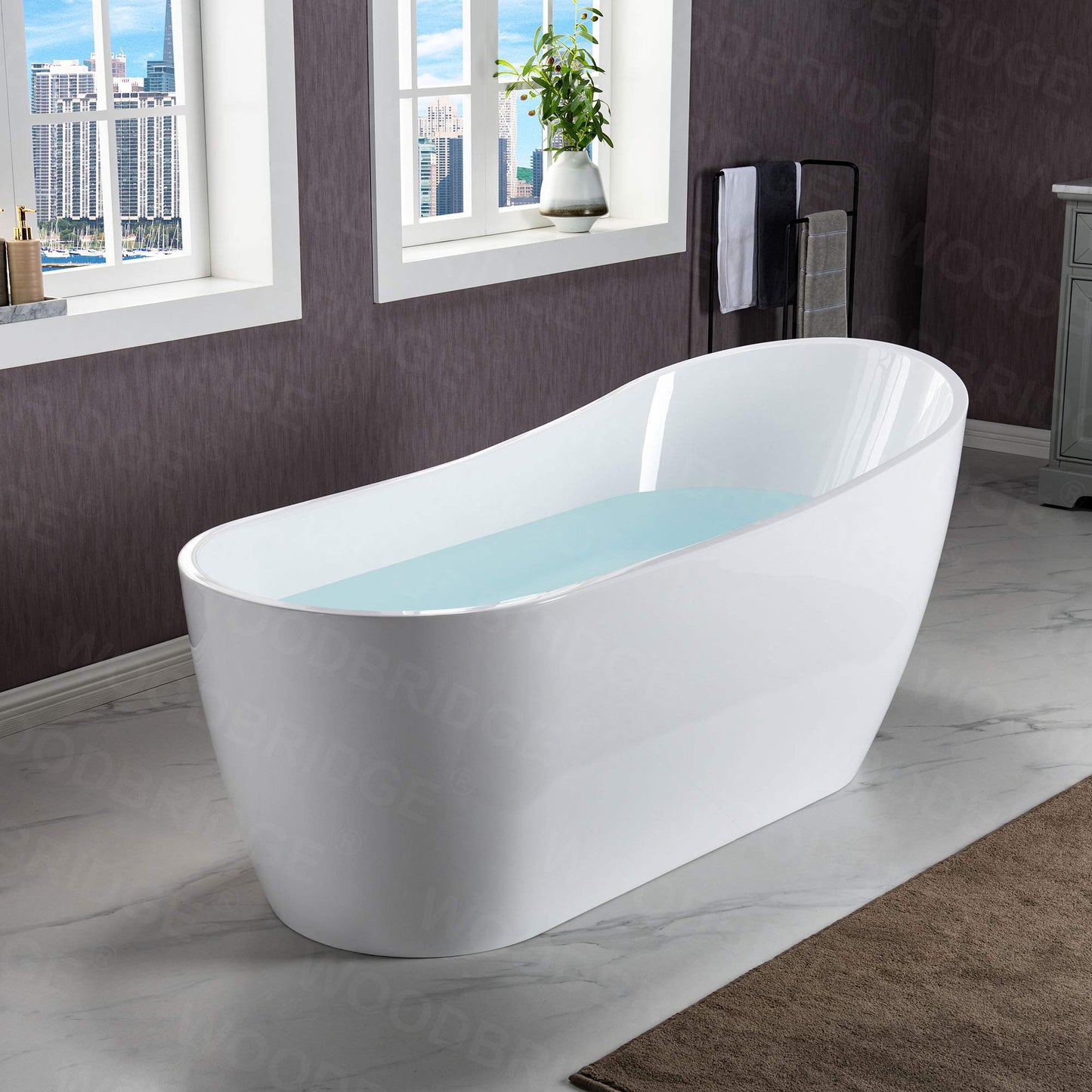 WOODBRIDGE 67"Freestanding White Acylic Soaking Bathtub with Matte Black Drain and Overflow,BTA1508 -MB-Drain &O