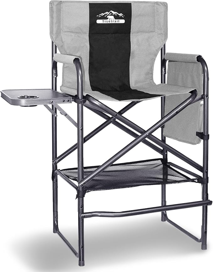 Tisetrail Tall Directors Chair 30" Seat Height, Bar Height Folding Chair with Side Table, Foldable Camping Chair with Side Pocket for Makeup Artist, Sports Event, Supports 400LBS - Black/Gray