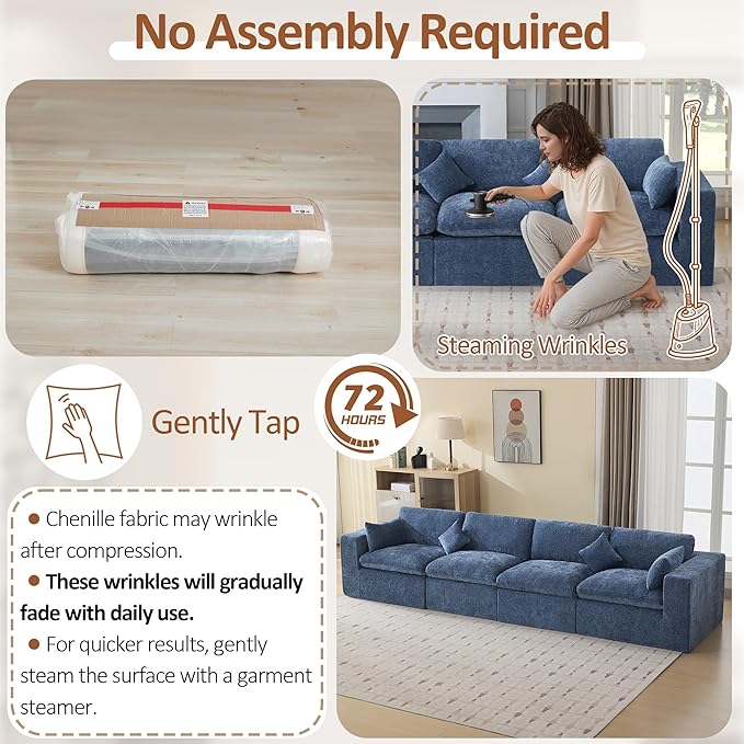 155''Cloud Boneless Sectional Couch, Modular Sectional Sofa Deep Seat, Oversized Upholstered Convertible Comfy 4 Seater Chenille Memory Foam Sofa Couches for Living Room, Blue
