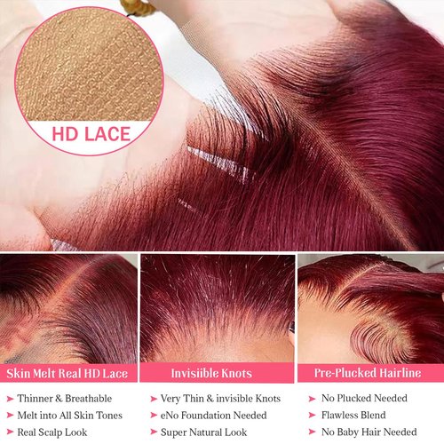 Body Wave 99J Burgundy Lace Front Wigs Human Hair Wine Red Burgundy 13x4 HD Transparent Lace Frontal Wig 28 Inch Virgin Hair Pre Plucked with Baby Hair 150% Density Glueless Wigs Human Hair for Women