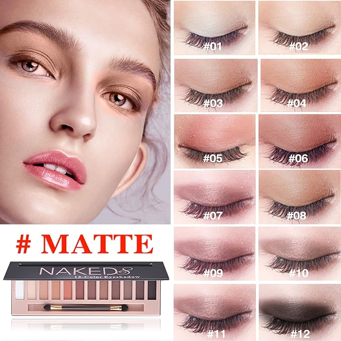 12 Shades Nude Matte Eyeshadow Palette,Shimmer Naked Eyeshadow Palette,Eye Shadow Palette Natural Flash Waterproof Durable Smoked Professional Makeup Palette With Brush(Matte)