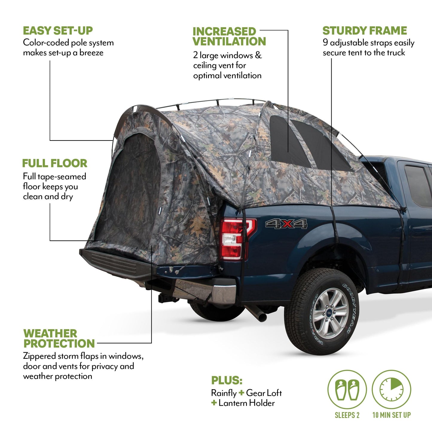 Napier Backroadz Camo Truck Tent | Pickup Truck Bed Camping Tent | Sleeps 2 | Full Rainfly | Sturdy & Spacious | Easy 10-Minute Setup | Camouflage