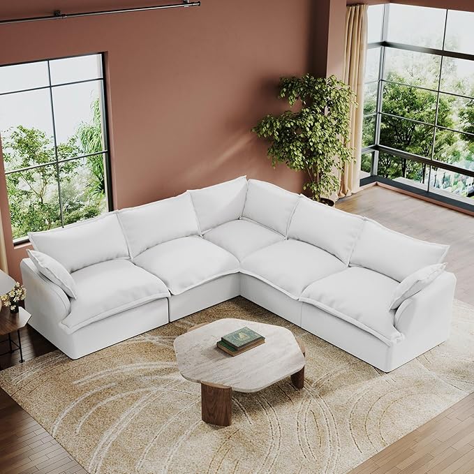 Intuition Decor V Shaped Cloud Modular Sectional Sofa,Down Filled Comfort Couch for Living Room,Corner Couches Deep Seat Convertible Removable Covers Cushion,Cream White