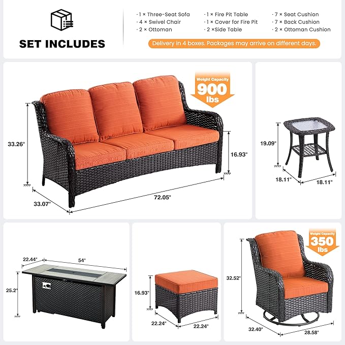 ovios 10 Pieces Patio Furniture Set, Outdoor Wicker Sofa Couch with Swivel Chairs 54" Fire Pit Table, High Back Modern All Weather Conversation Sets, Brown Rattan, Orange Red
