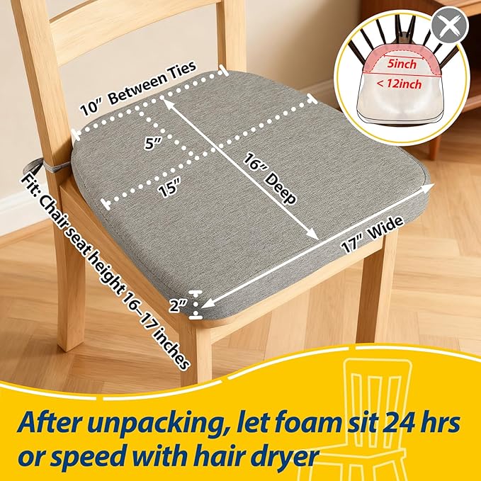 AAAAAcessories D-Shaped Chair Cushions, 2" Thick Dining Chair Pads with Ties and Removable, Machine-Washable Cover, 17" x 16", Khaki Gray