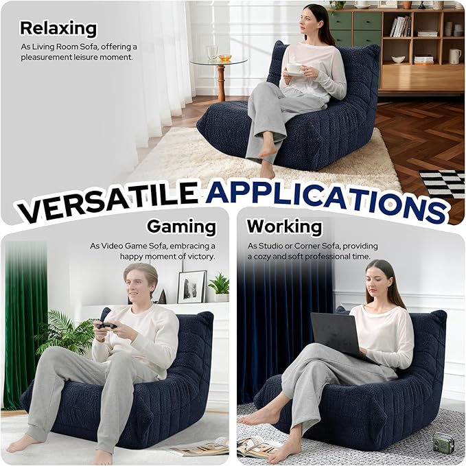 HABUTWAY Bean Bag Chairs Fireside Lazy Floor Sofa, Soft Teddy Fleece Bean Bag Sofa with High-Resilience Foam Filling，Beanbag for Living Room, Bedroom, Office (Navy Blue Teddy)