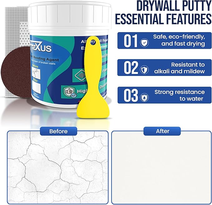 Drywall Repair Kit – 120g Tube + 240g Putty Jar with 2 × 2″ & 4 × 4″ Wall Patch Mesh, Dual Scrapers & 2 × P180 Sandpapers | Fast-Dry Spackle & Sheetrock Crack Filler for Wall, Ceiling, Plaster Repair