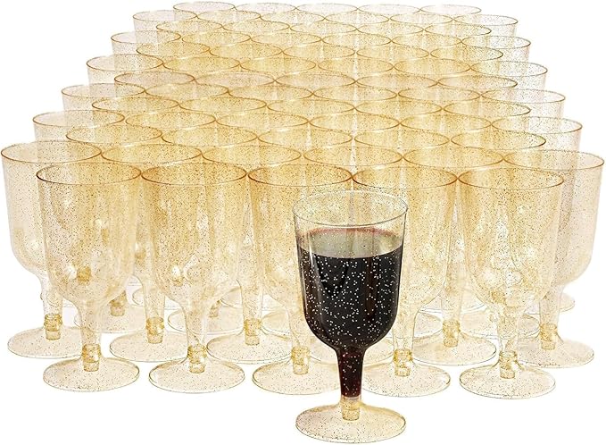 MATANA 50 Gold Glitter Plastic Wine Glasses for Weddings, Birthdays, Bridal Shower & Parties, 6oz - Sturdy & Reusable