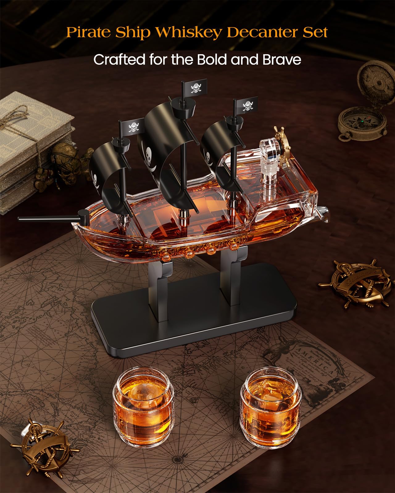 Kollea Birthday Gifts for Men Dad, Pirate Ship Whiskey Decanter Set with 2 Glasses, Liquor Dispenser for Home Bar, Funny Gift Ideas for Him, Husband, Father, Boyfriend, Anniversary, Sailor & Captain