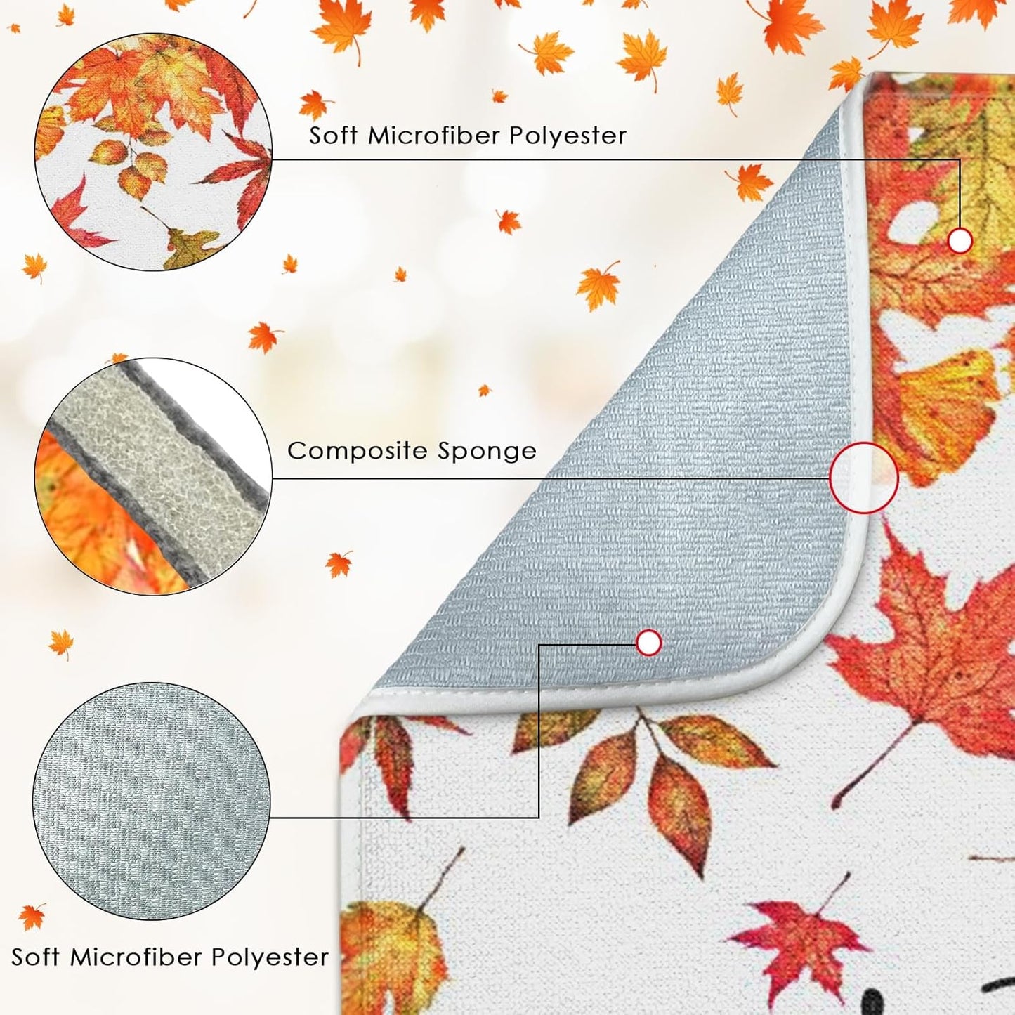 Sanwarm Absorbent Dish Drying Mat, Autumn Fall Leaves Microfiber Pad for Kitchen Counter, Thanksgiving Grateful for Coffee Bar Decor, Heat Resistant and Reversible, 16" x 18"