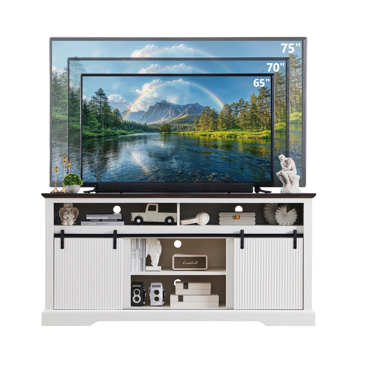 Aitjunz Fluted TV Stand for 75 Inch TVs, 32" Tall Modern Entertainment Center with Waveform Panel Sliding Door, Media Console Cabinet with Storage & Adjustable Shelf for Living Room, 66 inch (White)