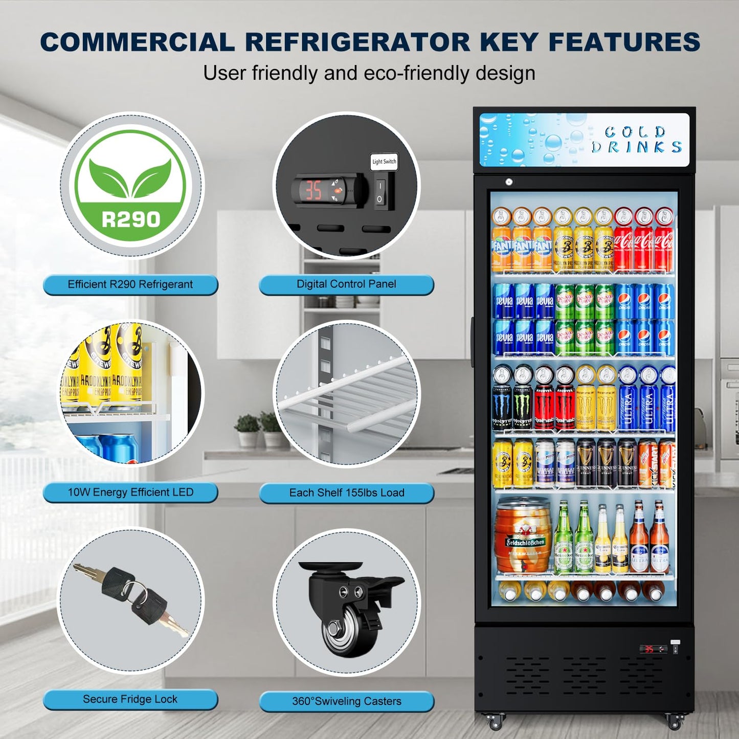 ECEVT 15 Cu.ft. Commercial Refrigerators Glass Door Beverage Refrigerators Commercial Fridge Upright Display Cooler with Soft LED Light and Adjustable Shelves for Restaurant Grocery Stores Home