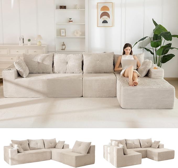 MAXYOYO 132" Oversize Modular Sectional Couch with L-Shape Chaise, Modern Boneless Couch for Living Room, Sofa in A Box, Oversized Sofa Sleeper with Deep Seat, No Assembly Required, Grayish Beige