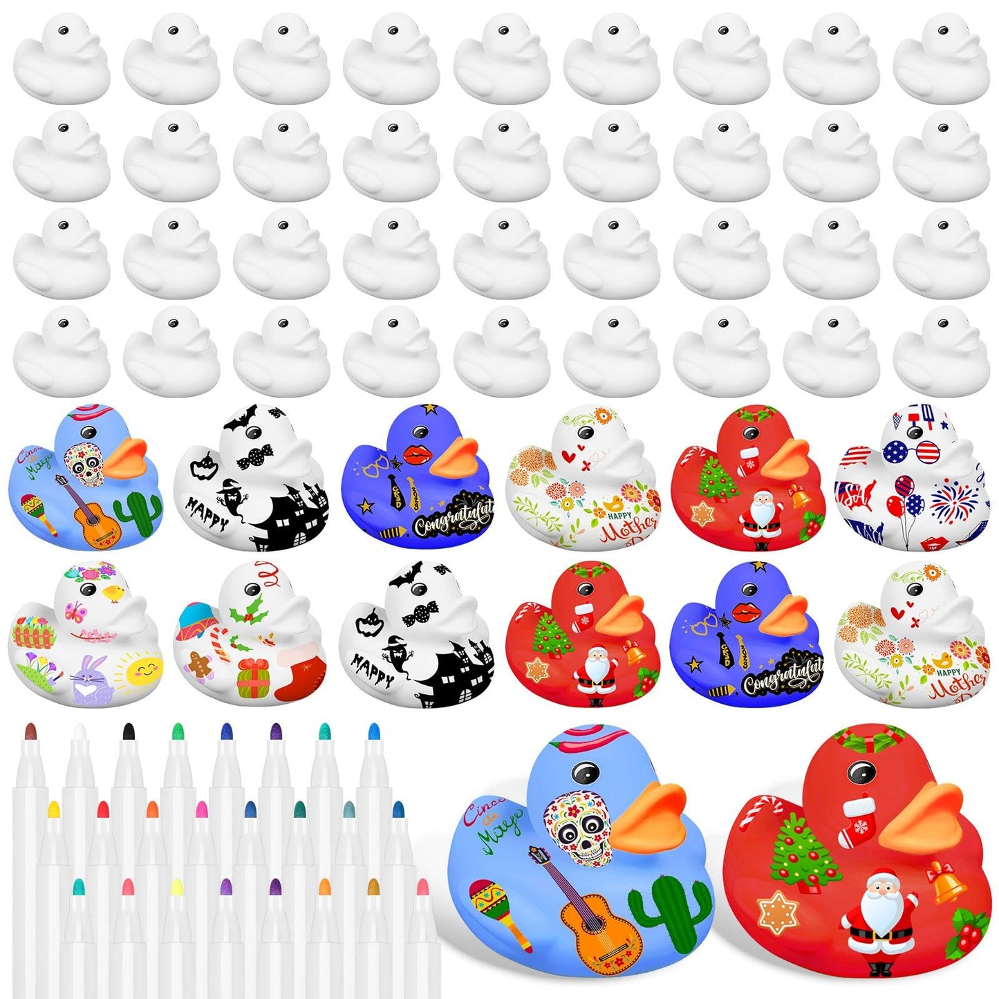 50 Pcs 2 Inch White Blank Rubber Ducks in Bulk DIY Fall Halloween Ducks with Pens of 24 Colors Float Squeak Funny for Pool Bathtub Float Cute Ducks Birthday Gift Baby Activities Themed Party Favor