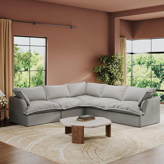 Intuition Decor V Shaped Cloud Modular Sectional Sofa with Corner Module,Down Filled Comfort Couch for Living Room,Sectional Couches Wide Deep Seat Convertible Removable Covers Cushion Grey