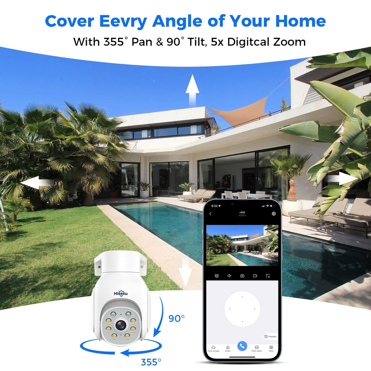 Hiseeu Security Camera Wireless Outdoor, 5Mp Color Night Vision, 2.4&5G Wifi Surveillance Camera Pan/Tilt With Motion Detection/