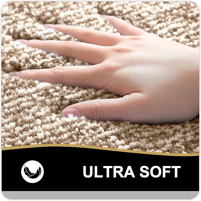 OLANLY Toilet Rugs U-Shaped 24x20, Extra Soft and Absorbent Microfiber Bathroom Rugs, Non-Slip, Machine Wash Dry, Plush Shaggy Contour Bath Mats for Toilet Base (Tan and White)