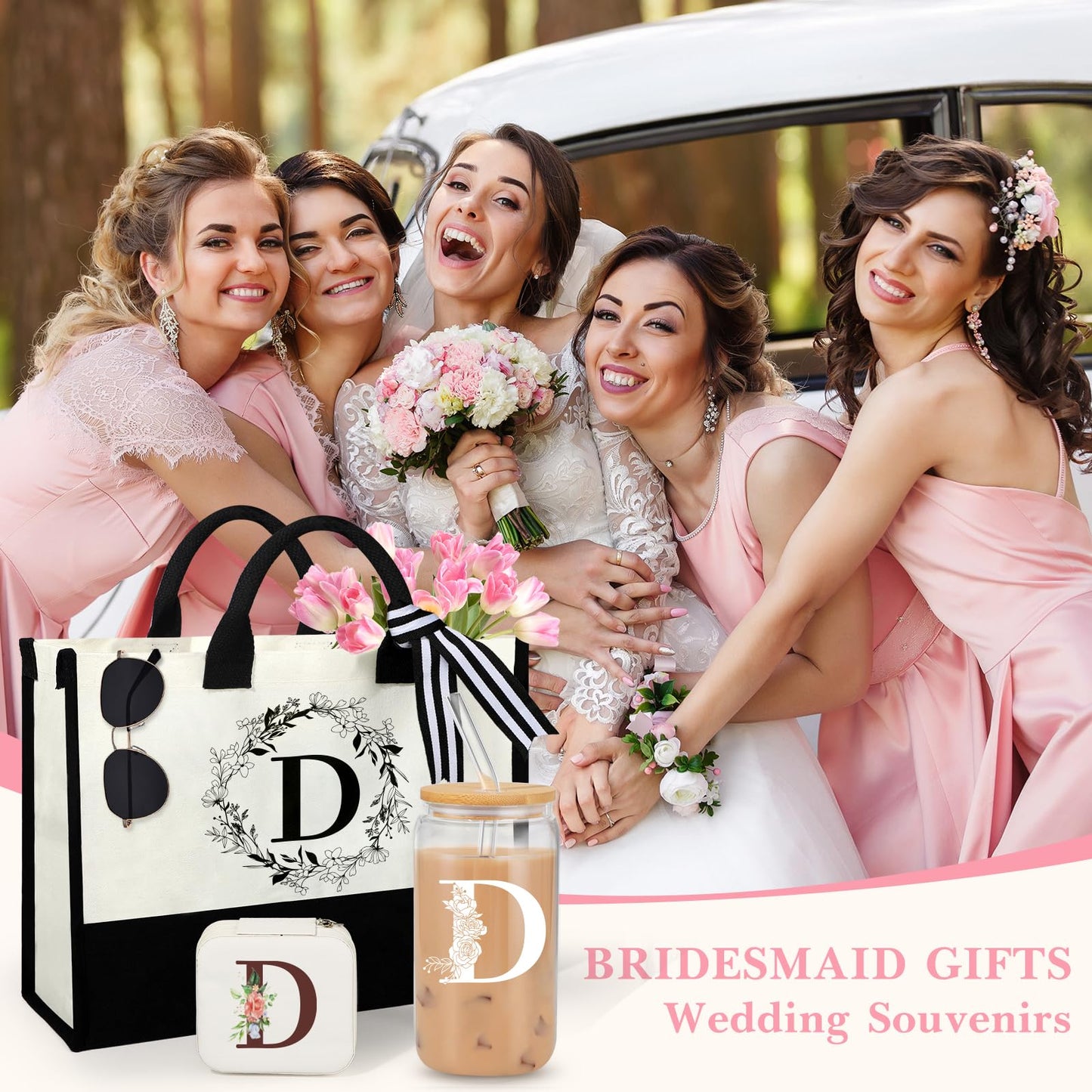 Initial D Birthday Gifts Women, Unique Personalized Monogrammed Gift with Initial Canvas Tote Bag 16oz Glass Cup Jewelry Case Box for Mom Teacher Sister Friend Wife Coworker Mothers Day Gifts