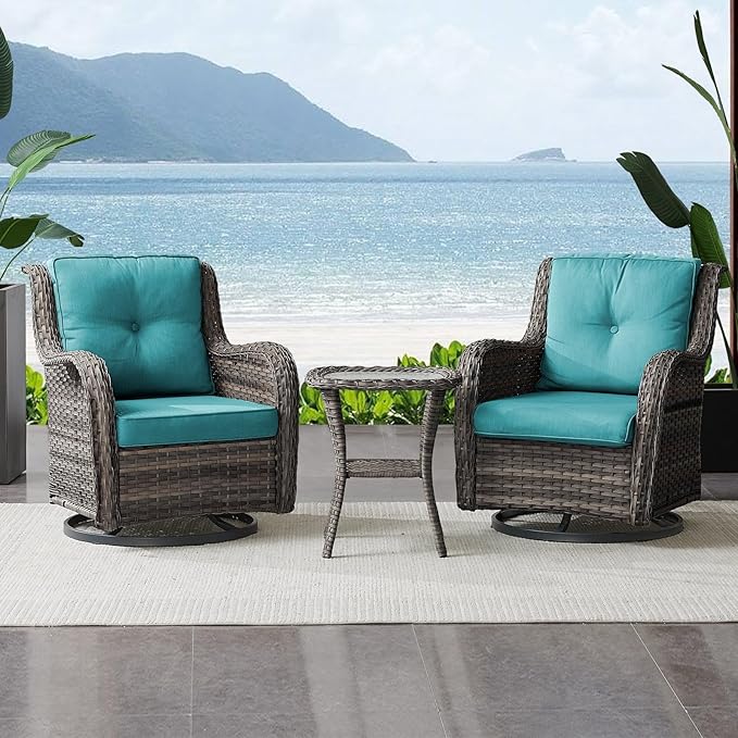 Belord Outdoor Swivel Rocker Wicker Chairs Set of 3, High Back Swivel Patio Chairs Wicker Furniture Set, 2 PCS Rattan Swivel Rocking Chair with Side Table, Turquoise