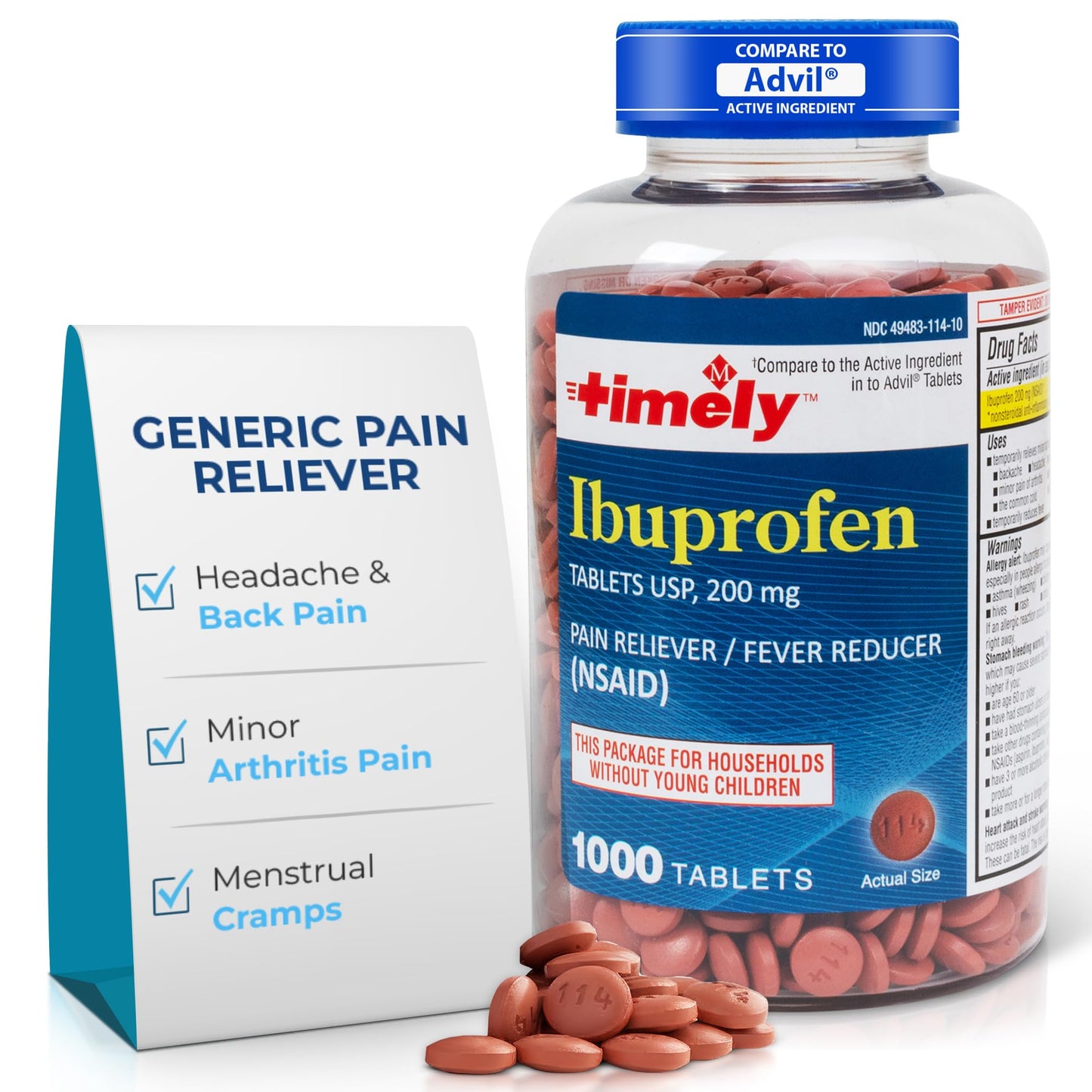 TIME-Cap Labs 1000 Tablets Ibuprofen 200mg Coated - Pain Reliever & Fever Reducer (NSAID) for Adults, Helps with Headache, Back Pain, Muscle Aches, Toothaches, Menstrual Cramps & Minor Arthritis Pain