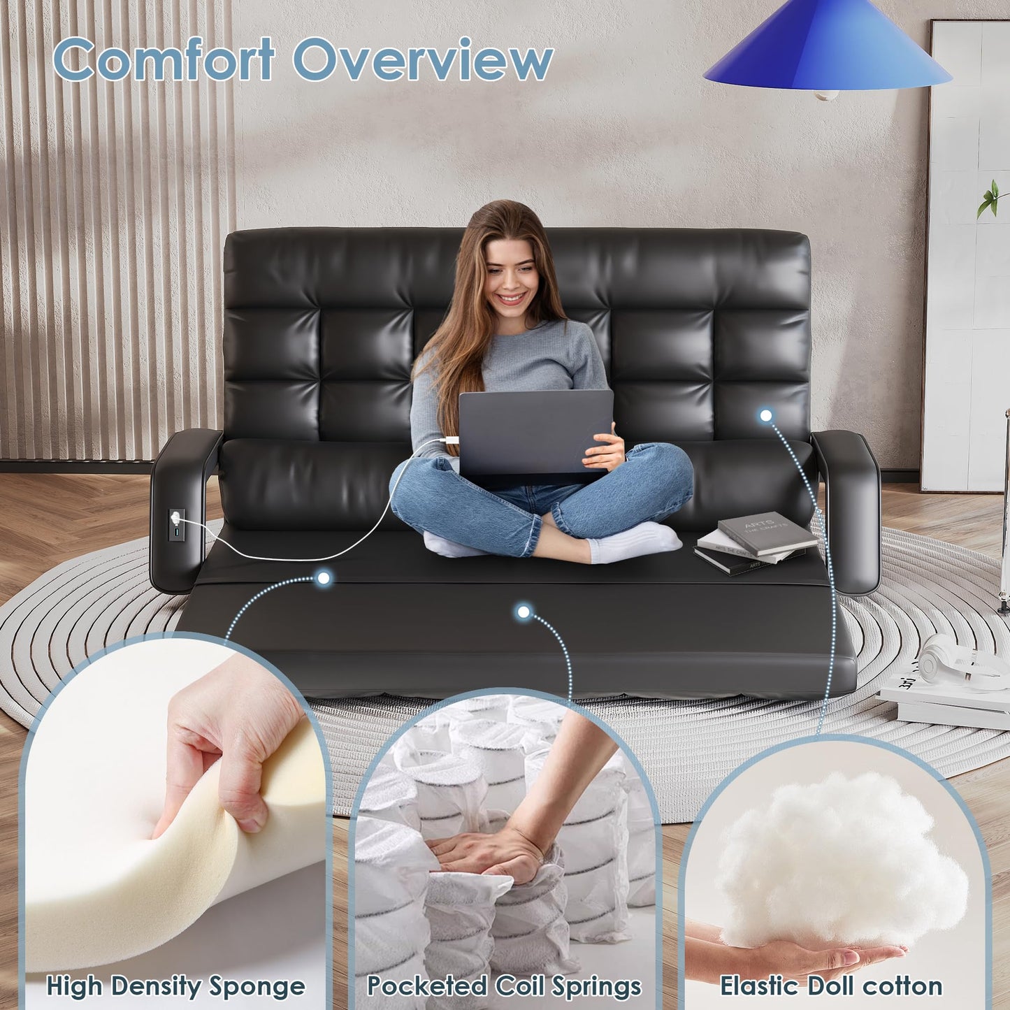 STHOUYN 6-Position Floor Lounge Sofa Bedroom Fold Out Couch, Floor Seating Bean Bag Bed RV No Bones Couch for Adults, Convertible Sleeper Memory Foam Lazy Sofa, Boneless Bed Furniture (Black Leather)