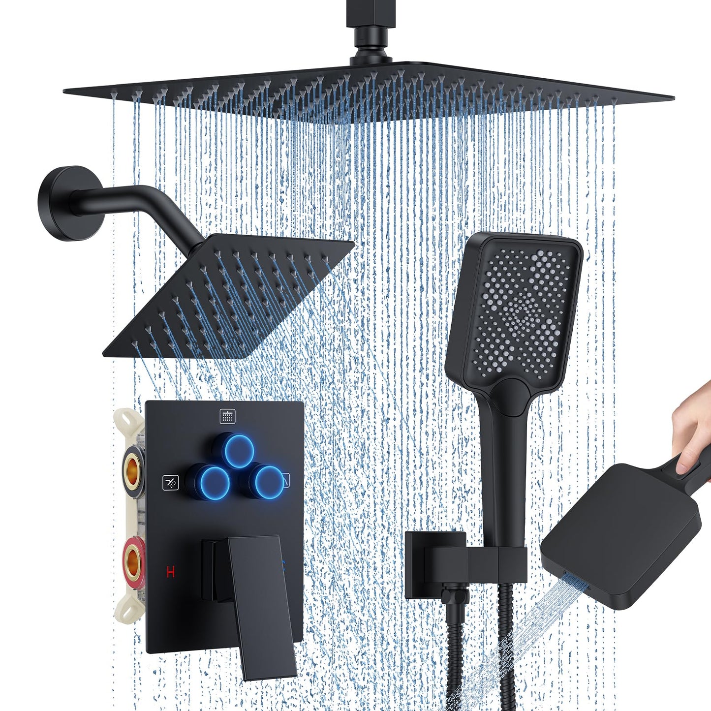 Shower Faucet Set, 12" Ceiling Mount Rainfall Shower System with 12'' Top Head+6'' Side Head and Multi-function Handheld Head Push Button Diverter Shower Faucet Trim Kit (12", Matte Black)