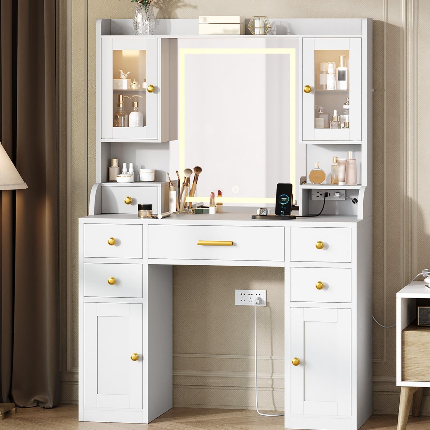 41" Vanity Desk with Mirror and Lights, Makeup Vanity with 6 Drawers, Storage Shelves, RGB Cabinets and 3 Lighting Modes Adjustable Brightness, Dressing Table with Charging Station for Bedroom- White