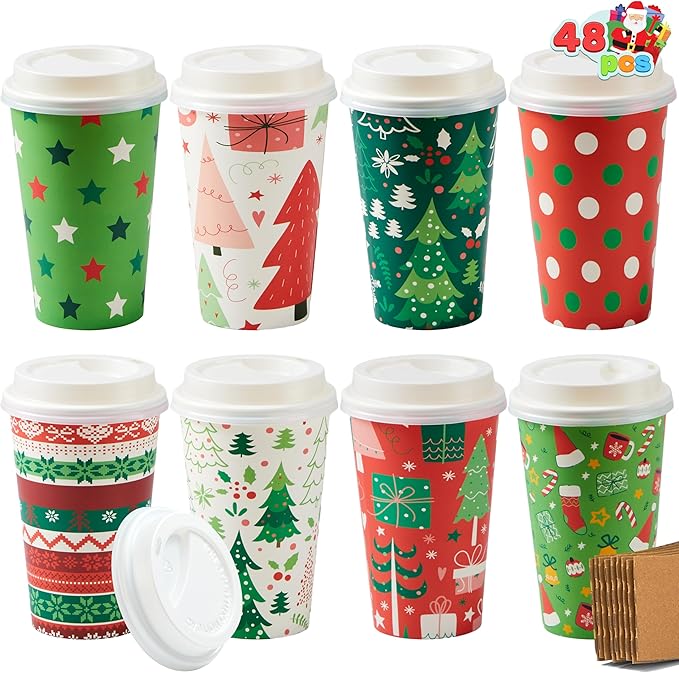 JOYIN 48 Pcs Merry Christmas Disposable Cups with Sleeves and Lids, 8 Designs Xmas Drinkware 16 oz Paper Cup For Hot Choco...