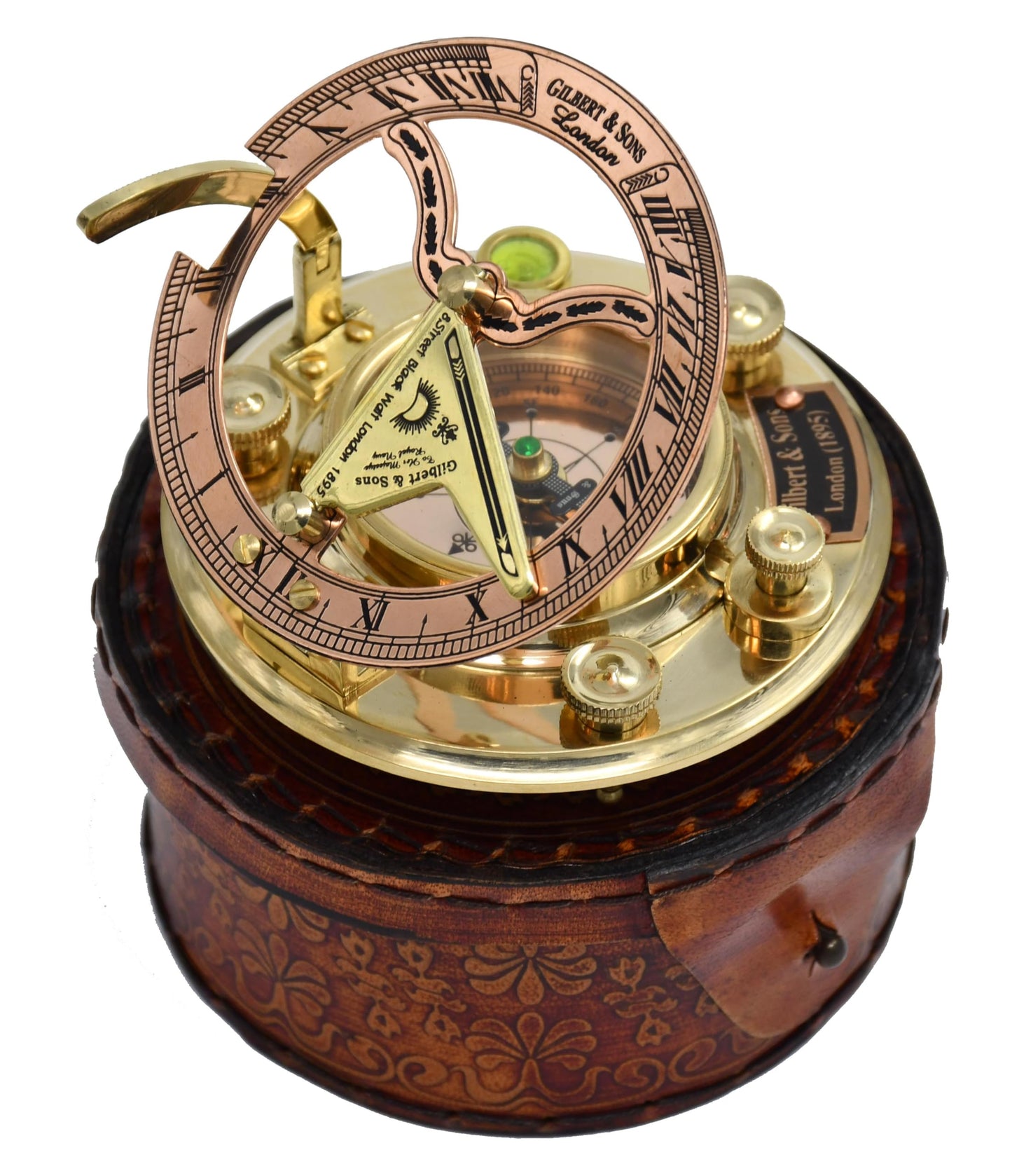 NETAEX Antique Brass & Copper Sundial Compass, Sundial Clock in Leather Box Gift Sun Clock Ship Replica Watch