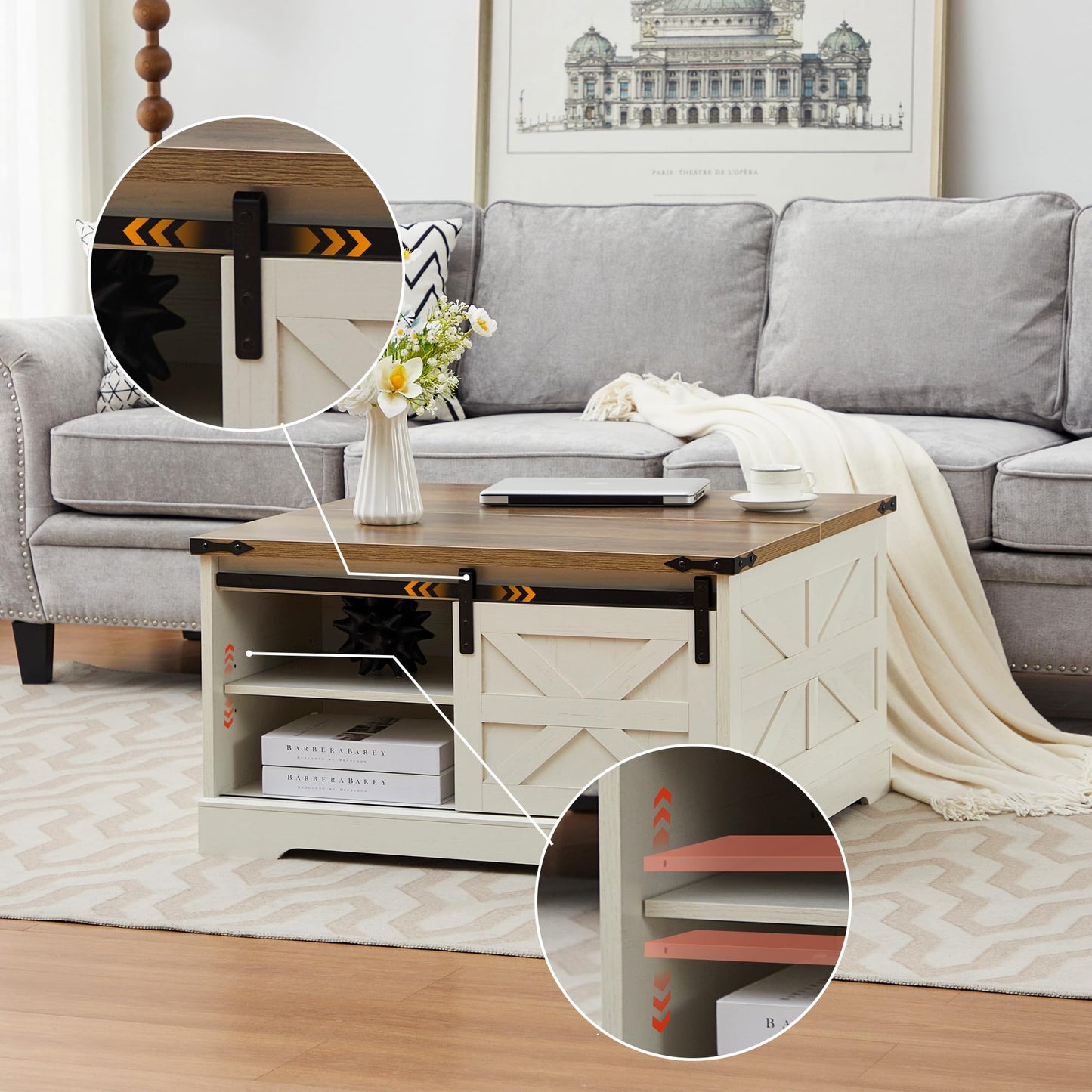 Tltaroni Farmhouse Lift Top Coffee Table，Wood Square Coffee Table with Sliding Barn Door and Adjustable Shelf Rustic Center Table with Hidden Storage Compartment for Living Room