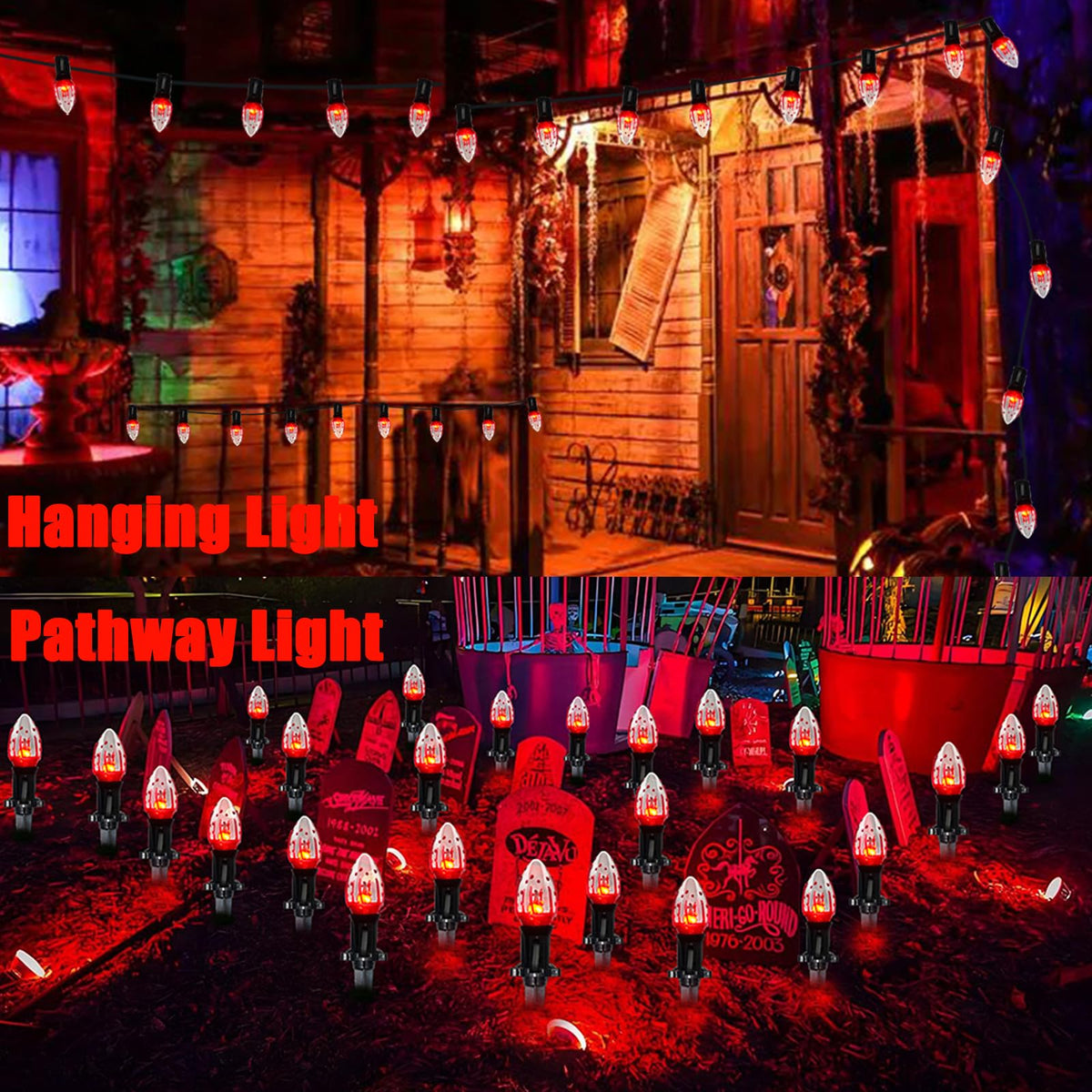 C9 Halloween Pathway Lights Outdoor, 38Ft Halloween Blood Teardrop Pathway String Lights with 25 C9 Flicker Flame Lights, Halloween Decoration Walkway Lights for Outdoor Pathways Gardens and Yards