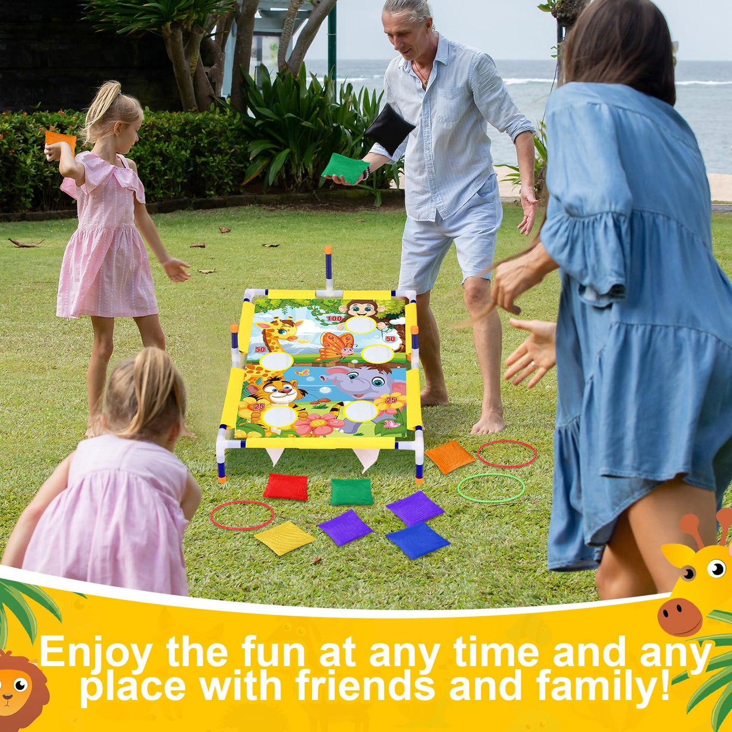 Leitee 2 in 1 Bean Bags Toss Game Animal Cornhole Bean Bags Ring Toss Game Kids Cornhole Games Set Party Carnival Games Toys Gifts Birthday Games Ideal Birthday for Ages 4-8 Toddlers