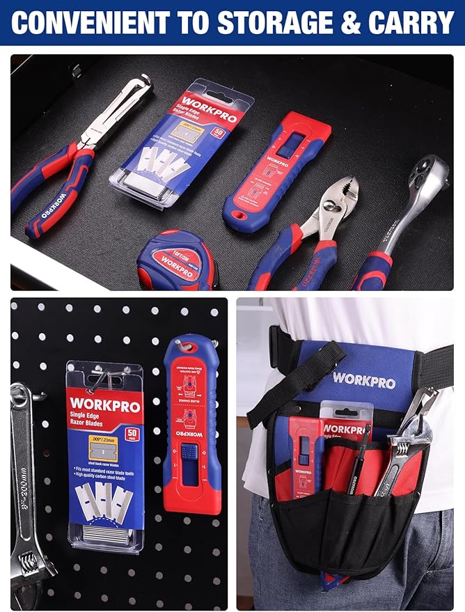 WORKPRO Retractable Razor Blade Scraper with 56 Blades, Built-in Storage Cleaning Scraper Tool for Paint Stickers Adhesive Glass Ceramic Wood