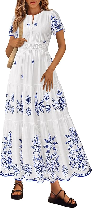 PRETTYGARDEN Boho Dresses for Women 2026 Summer Spring Casual Floral Short Sleeve V Neck Maxi Elastic Waist Dress Pockets