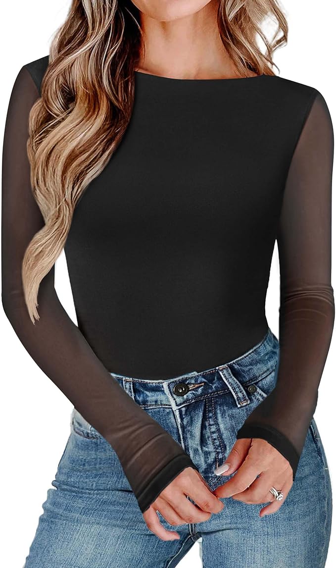 Avidlove Women Long Sleeve Body Suits Mesh Boat Neck Shapewear Bodysuit Crew Neck Leotards Going Out Tops Fall Outfits
