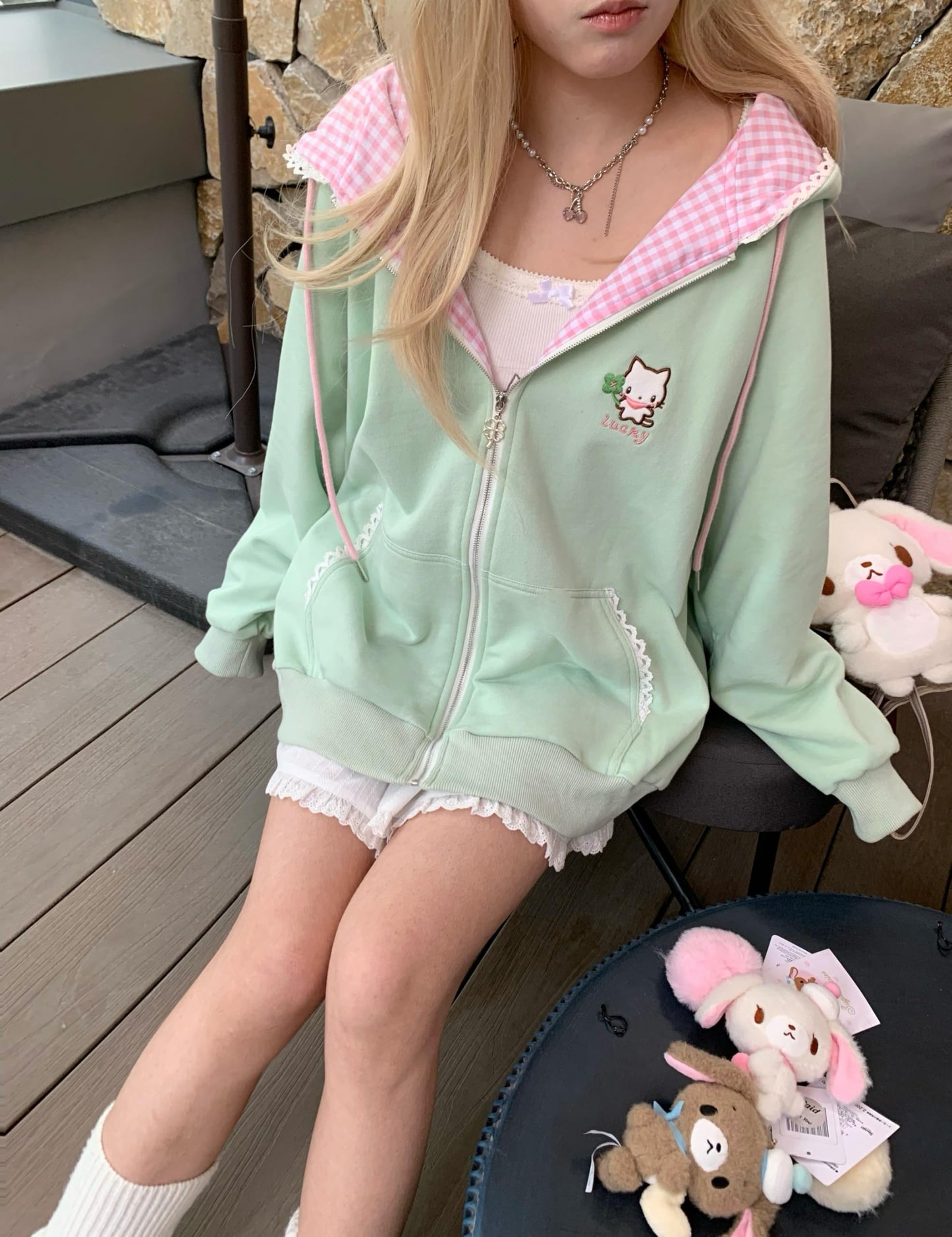 OATSBAS Women's Y2K Cute Floral Hoodies Kawaii Zip Up Hoodies Cartoon Cat Embroidery Oversized Pullover Sweatshirt (Green,Small)