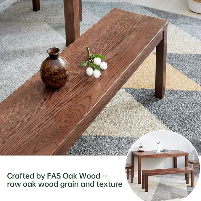 Vadisun 100% Solid Oak Wood Dining Bench, 47.3'' Entryway Bench Extra Chair Seat Long Ottoman with Squre End & Round Corner for Kitchen Living Room Bedroom, Walnut