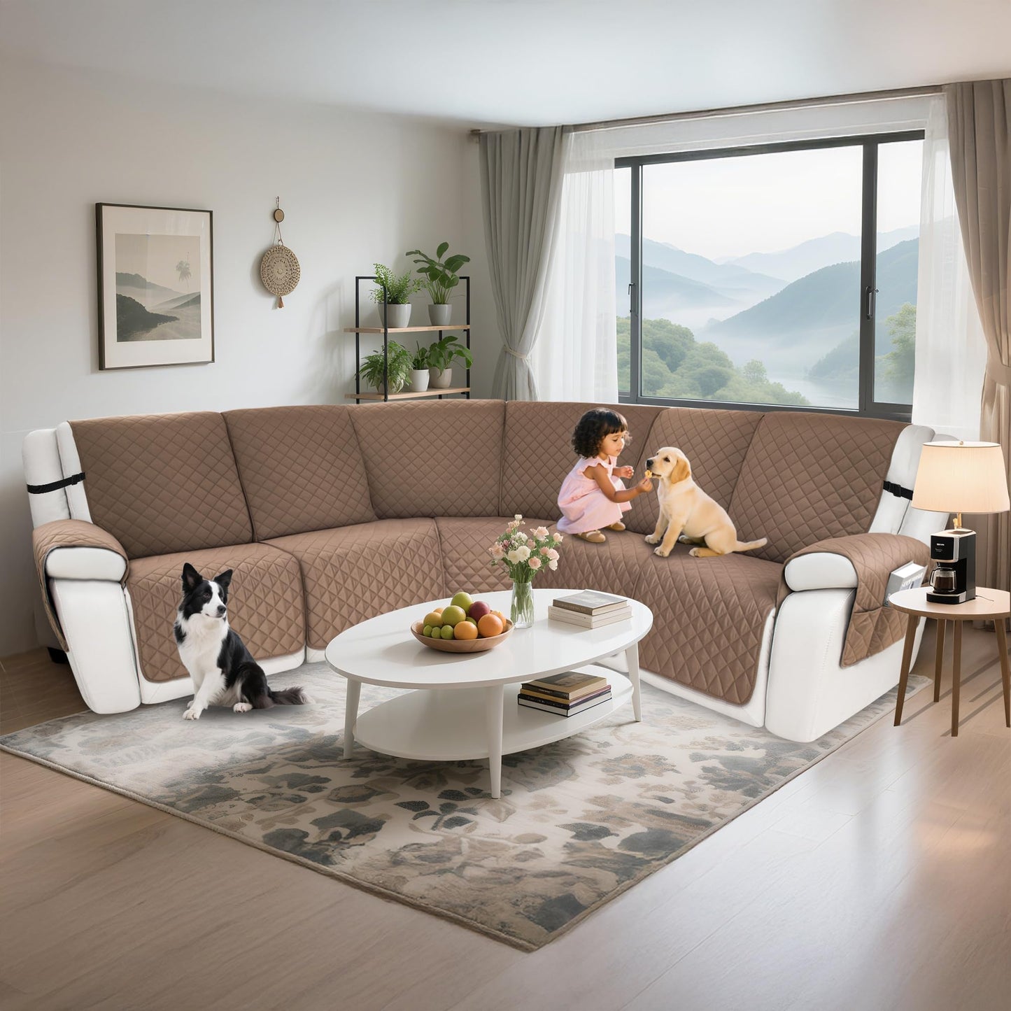 ROFASVCO Waterproof Sectional Reclining Couch Covers L Shaped Recliner Sectional Sofa Cover 7 Piece Non Slip Washable Corner Recliner Slipcover Set for Pet Dog (5 Seater Cover, Light Coffee)