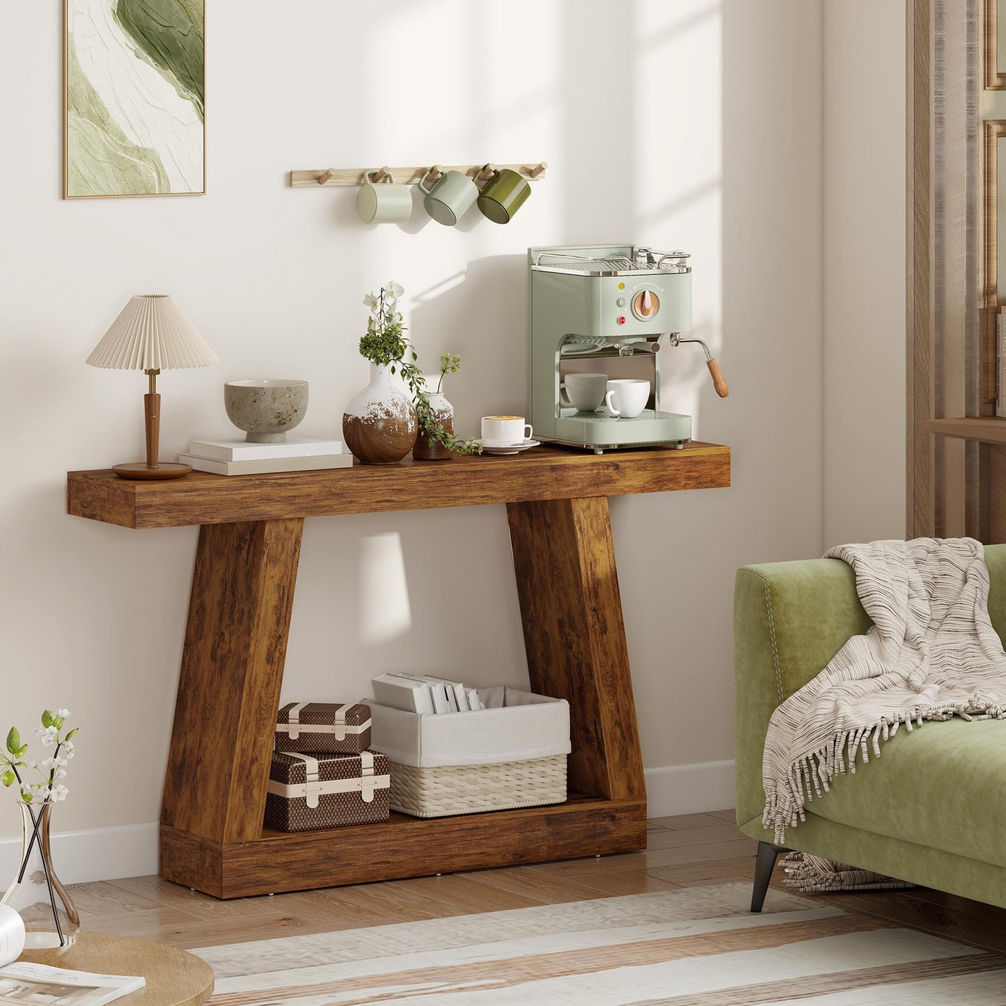 HOMCOM 55.1" Entryway Table, 2-Tier Farmhouse Console Table with Thickened Tabletop, Storage Shelf and Trapezoidal Base for Entryway, Behind Couch Sofa, Living Room, Hallway, Entrance, Rustic Brown