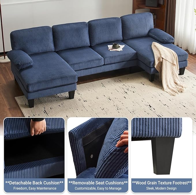 VINGLI 110" Sectional Couches for Living Room,U Shaped Couch with Double Chaise, 4-Seat Sofa Set with Corduroy Fabric for Home Furniture,Ocean Blue