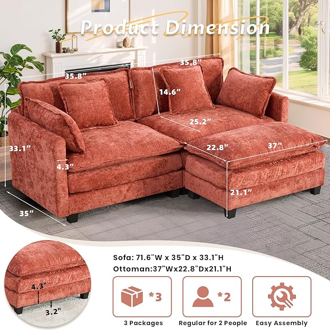 SoarFlash Chenille 77.95" Sectional Sofa, Comfy L Shaped Modular Coush Sofa with Ottoman, Modern 2 Seat Couch Deep Seat Sofa Set for Living Room,Orange