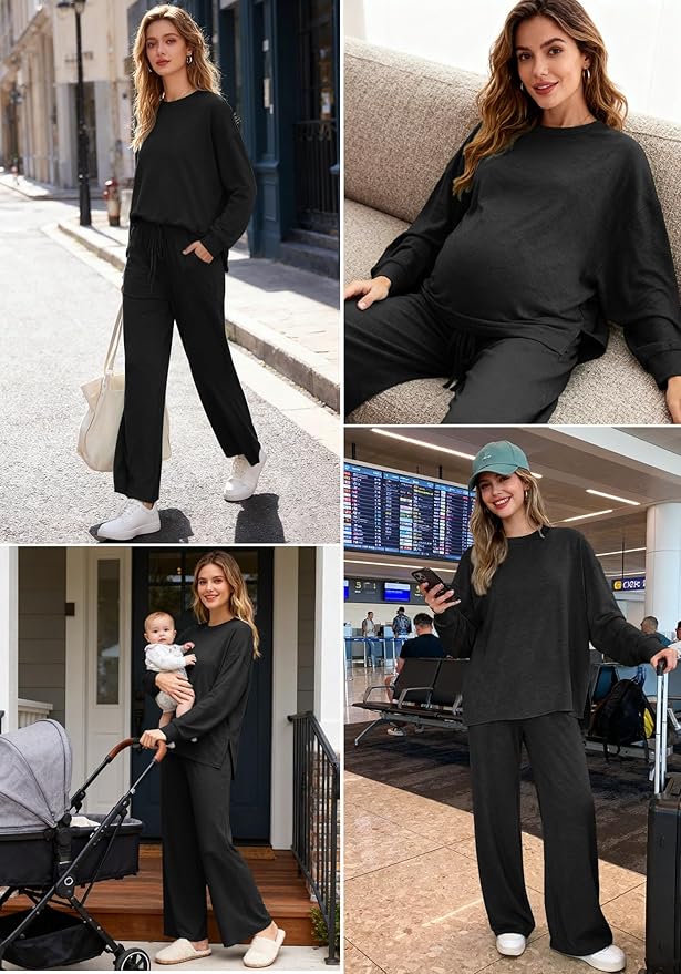 AmazingStar Womens Lounge Set 2025 Fall 2 Piece Outfits Long Sleeve Tops Wide Leg Long Pants Cozy Matching Sets Clothing