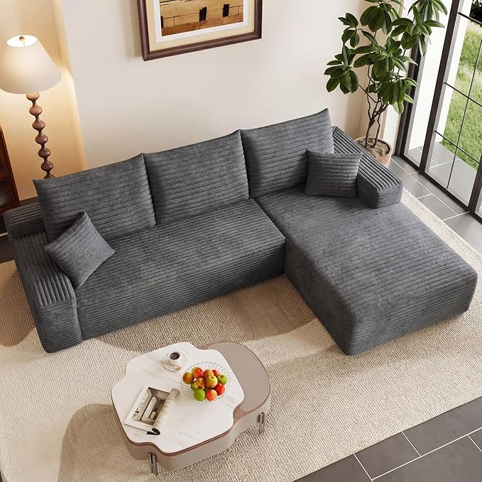 95" Cloud Sectional Couch with L-Shape Chaise, Modern Corduroy Boneless Couch for Living Room,Memory Foam Sofa with Deep Seat,No Assembly Required (Dark Gray,Right-Facing Chaise)